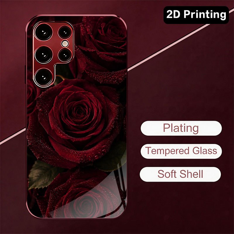 Samsung Galaxy S24 - Glas-Handyhülle mit dunkelrotem Rosenmuster, passend für
